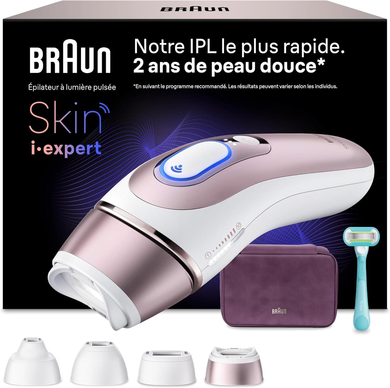 Braun Epilateur Lumiere Pulsee Intelligent Skin i·expert PL7431, Blanc et Bronze – Alternative au Laser à Domicile, Filaire, avec Pochette, Rasoir Gillette Venus, 4 Têtes, Connecté à L’Application