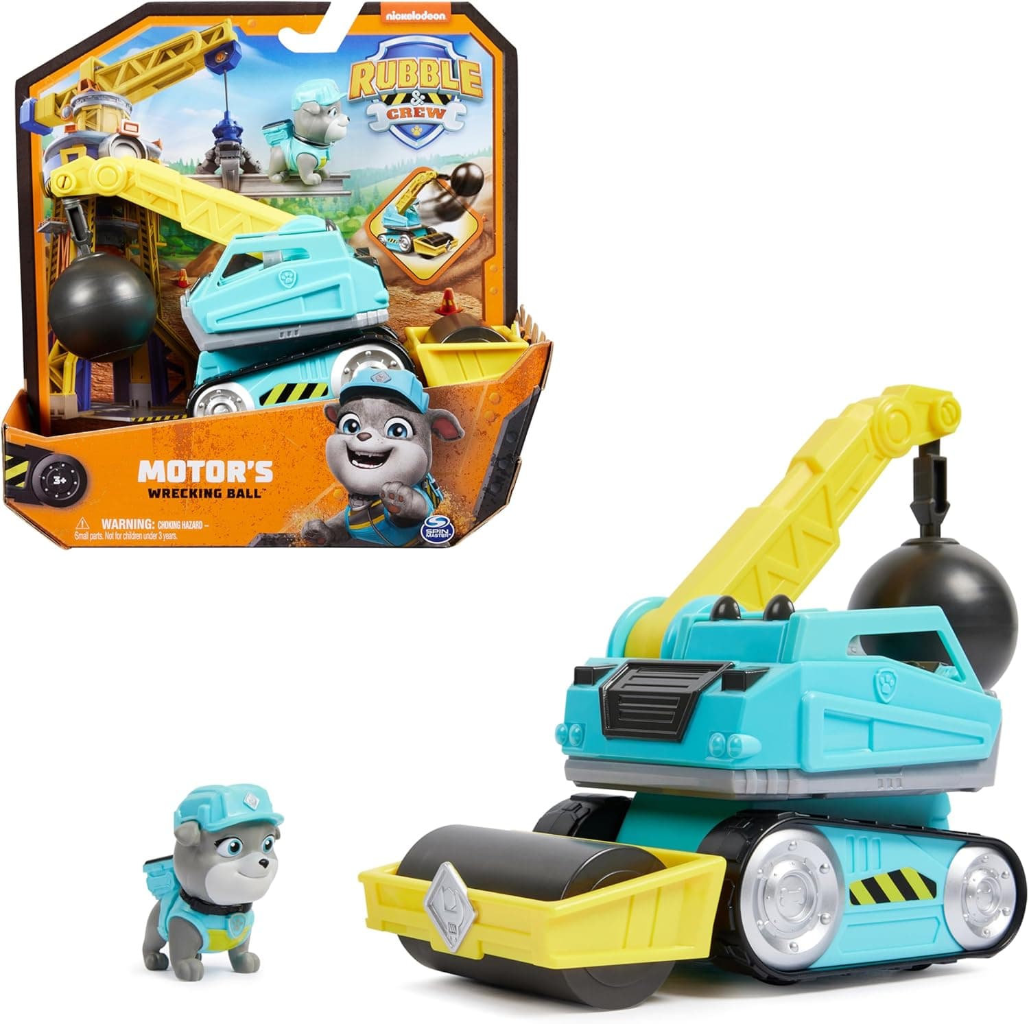 Rubble & Crew - Abrissbirnen-Baufahrzeug (Basis Fahrzeug) mit Motor-Figur, bewegliche Abrisskugel und Asphaltfertiger, authentisches Spielzeug aus TV-Serie, für Kinder ab 3 Jahren