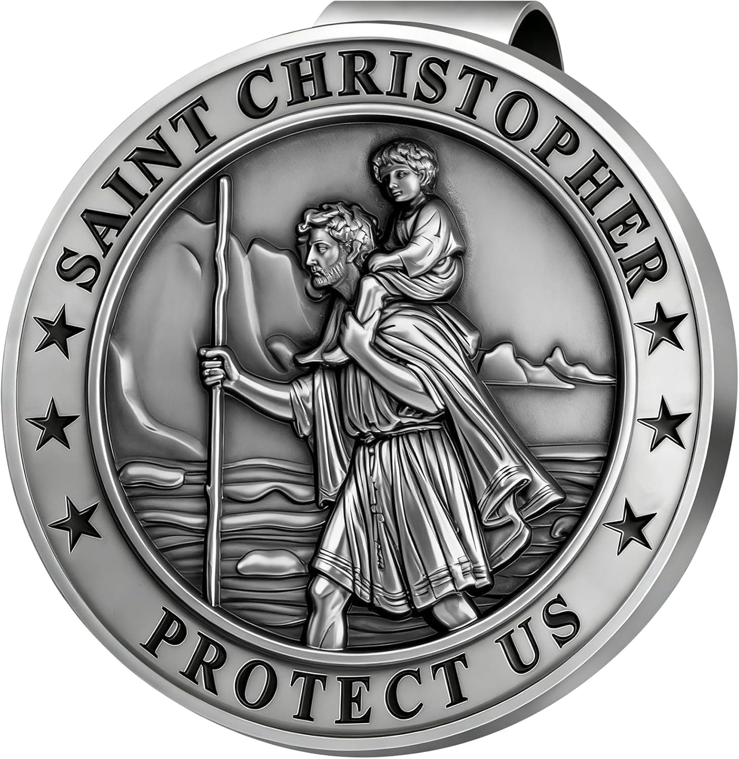 PloreWay Saint Christopher Visor Clip, Metal St. Christopher Medal for Car, Talisman for Safety, Automotive Visor Accessories, Gift for Drivers, Families, Friends