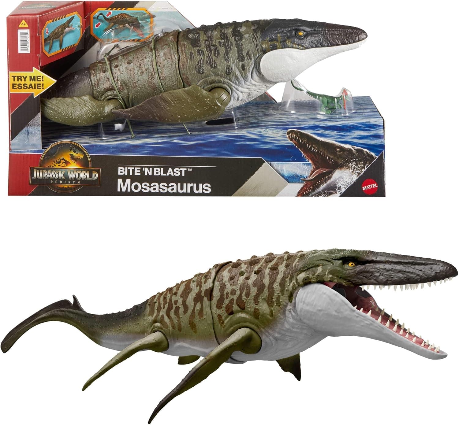 Mattel Jurassic World Rebirth Bite N Blast Mosasaurus Action Figure & Mini Dilophosaurus, Wide Jaw Dinosaur Toy, Movie-Accurate Posable, Digital Play, JJP80