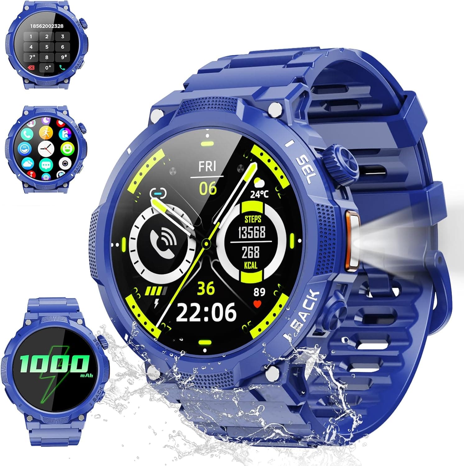 Reloj Inteligente Hombre con Linterna, 1.53'' Militar Smartwatch con Batería de 1000mAh, IP68 Reloj Deportivo con Llamadas Bluetooth/Monitor de Sueño/Pulsómetro, 100+Modos Deportivos para Android iOS