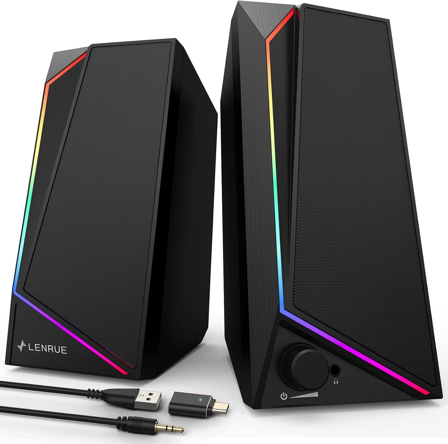 LENRUE PC Speakers, USB Powered Computer Speakers with Loud Stereo Sound, Headphone-in for Desktop, Laptop, Monitor (USB-C Adapter Included)