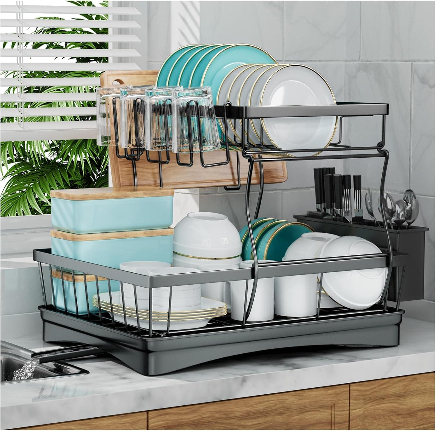 7 code Large Dish Drying Rack for Kitchen Counter,Detachable Large Capacity Dish Drainer Organizer with Utensil Holder,2-Tier Dish Drying Rack with Drain Board,Black