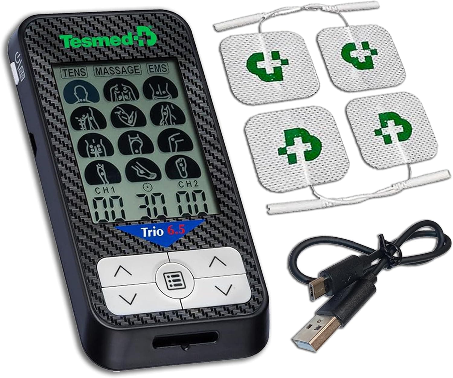 TESMED Trio 6.5: Elettrostimolatore Muscolare Ricaricabile con USB – 36 Programmi, 40 Livelli di Intensità, 4 Elettrodi – EMS, TENS e Massaggio
