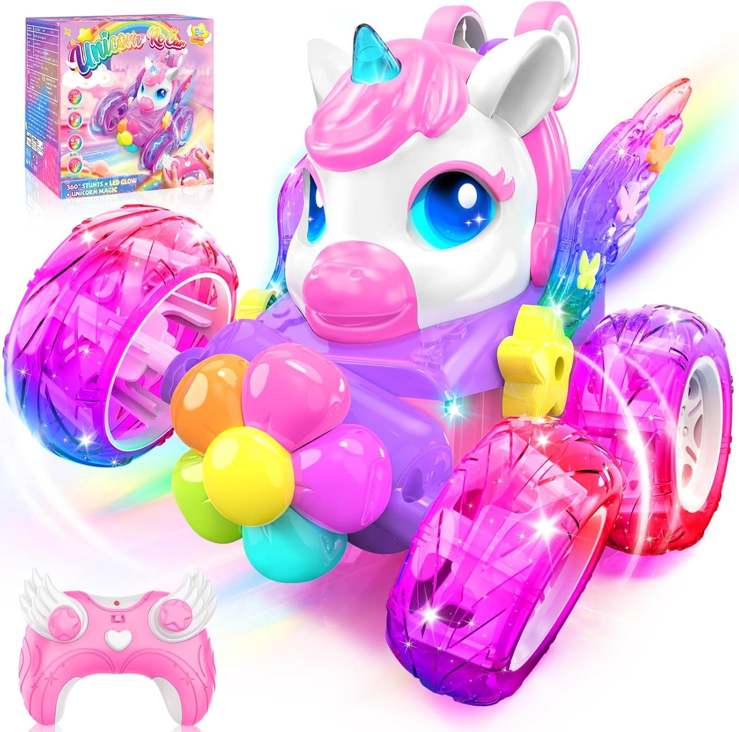 Remote Control Cars Girls Toys Age 3-10, Unicorn Gifts for Girl 2.4GHz RC Stunt Car w LED Light & 360° Flips, Unicorn Kids Toys for 3 4 5 6 7 Year Old Girls Gifts Birthday Present Easter Gift for Kids