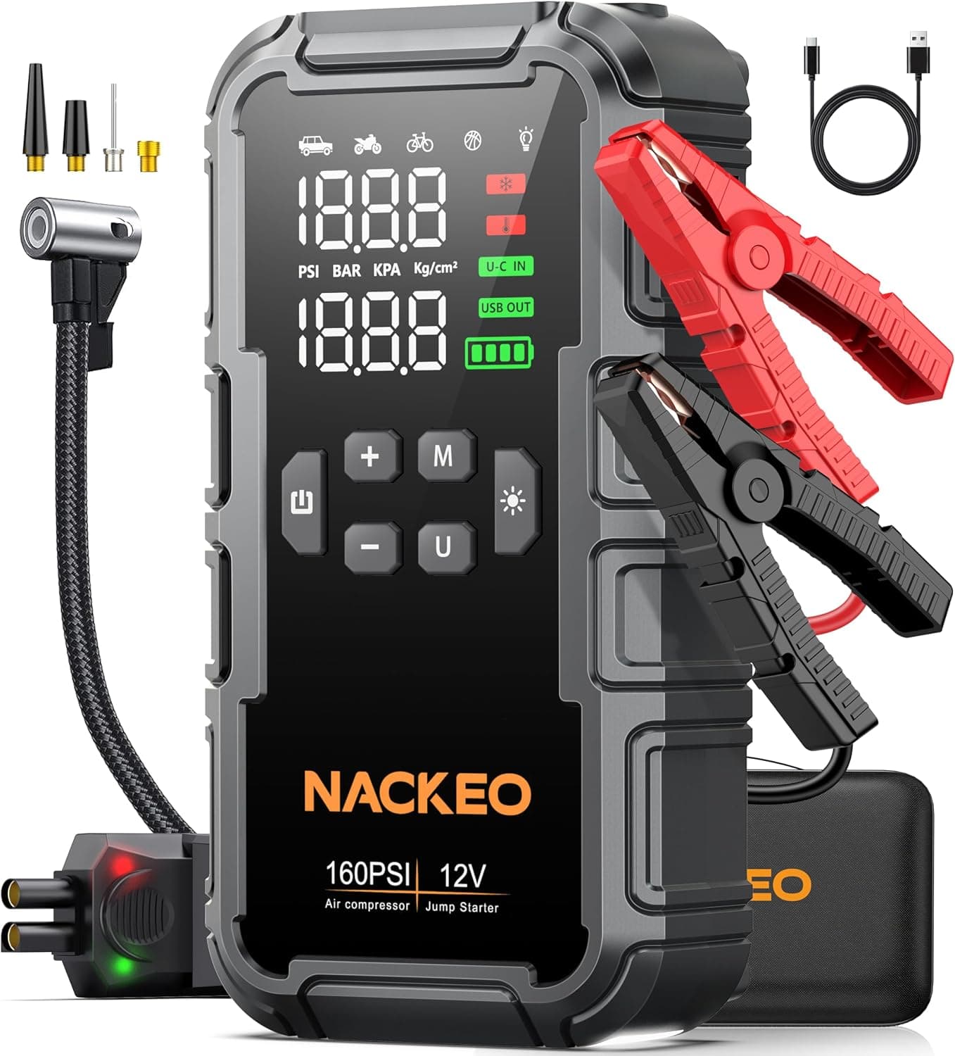 8000A Jump Starter Power Pack with Air Compressor 160PSI, 12V Car Battery Booster Jump Starter (All Gas 12L Diesel), Car Jump Starter Power Bank with 600LM Light, Jumper Cables, Large LCD Display