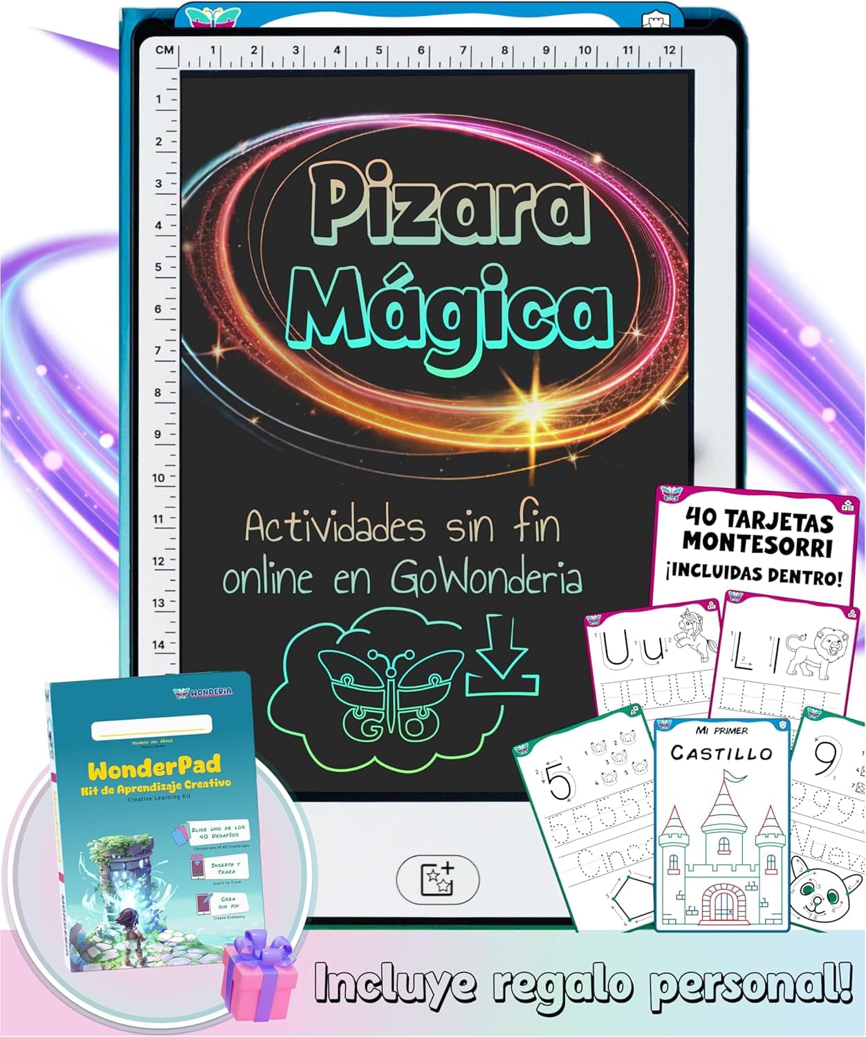 GoWonderia - WonderPad - Pizarra Mágica Infantil 8,5” con 40 Tarjetas Montessori – Tableta de Escritura STEAM – Juguete Educativo con Recursos Sin Fin – Regalo para Niños de 4 a 10 Años – Casa y Viaje