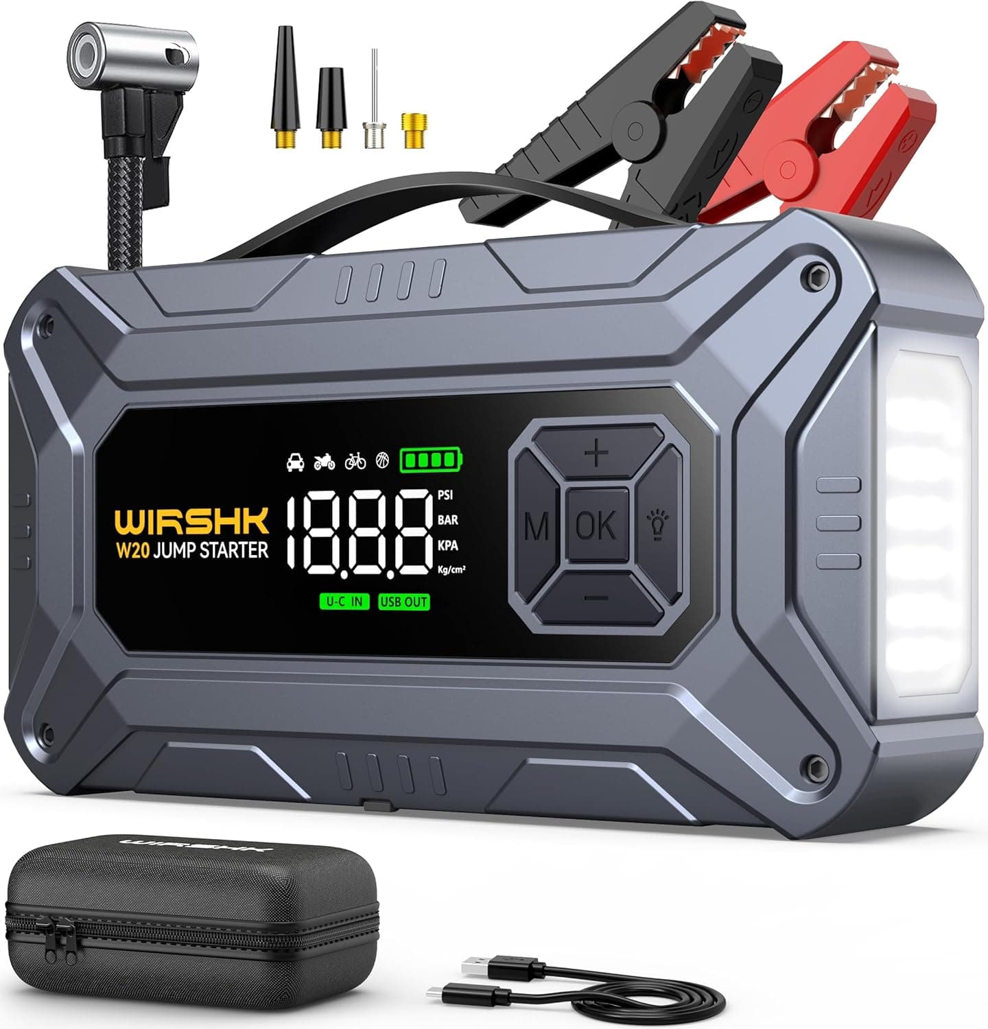 Booster Avviamento Auto con Compressore 8000A 160PSI,27000mAh, Booster Avviamento Auto/Moto per 10.0L Gas/8.0L Diesel, 12V Starter Batteria con Ricarica Rapida 18W,Torcia