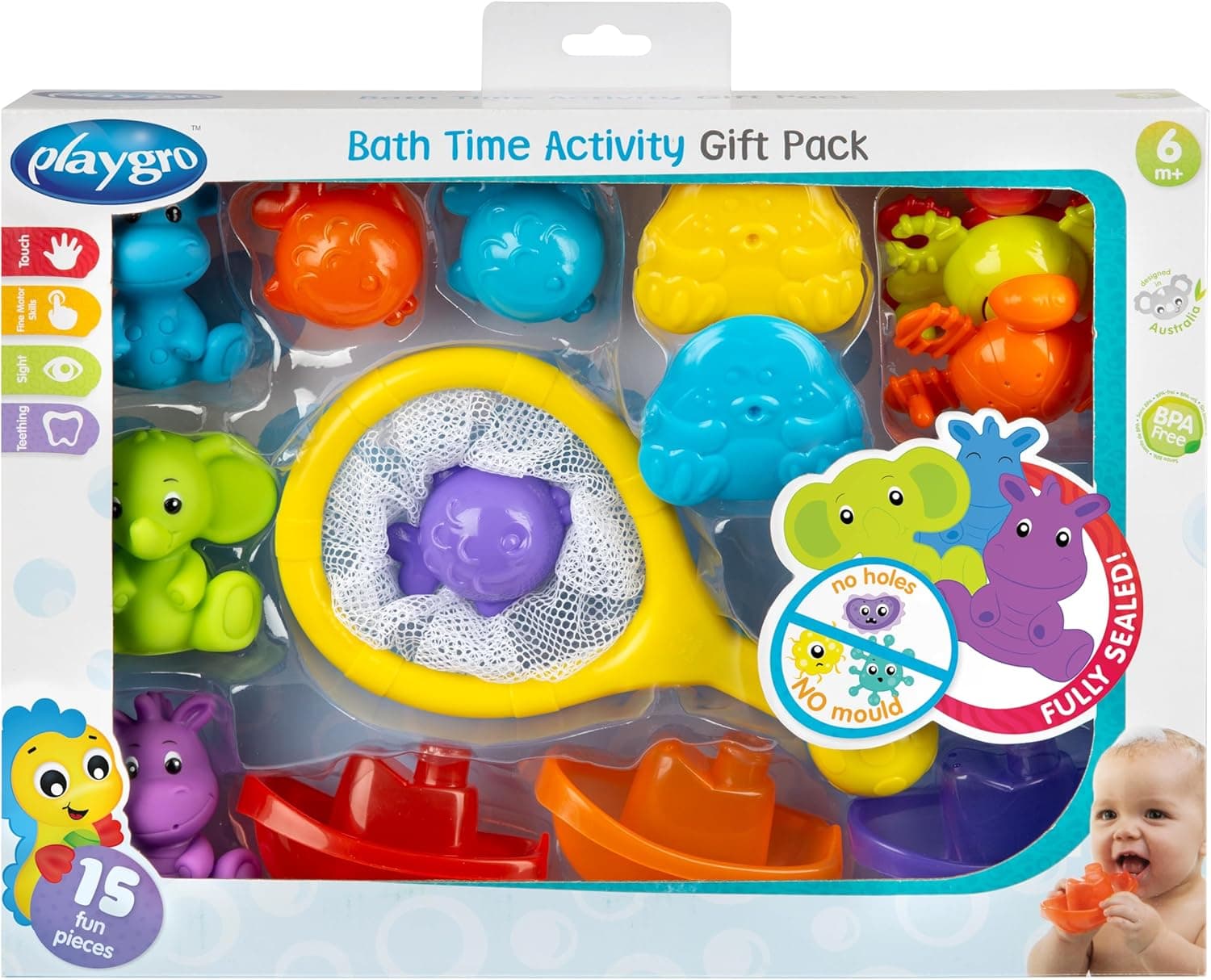 Playgro Pack de Actividades para el Baño – Set de 15 Piezas, Juguetes de Baño para Bebés, Regalo Ideal, Flotan y Salpican, A Partir de 6 Meses