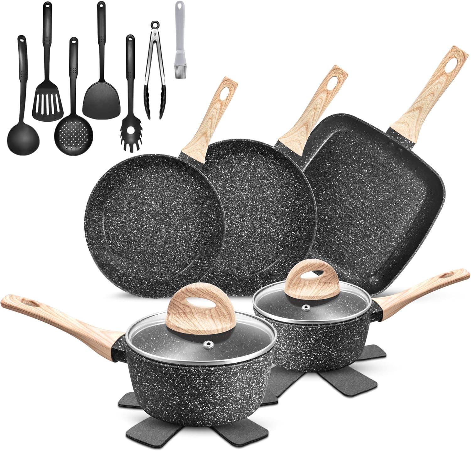 Pots and Pans Sets Non Stick, 19 Piece Black Granite Induction Hob Pan Set, 24/28cm Frying Pan, 18/20cm Saucepan, 28cm Grill Pan Kitchen Cookware Set Suitable for All Hobs, PFOA PFOS Free