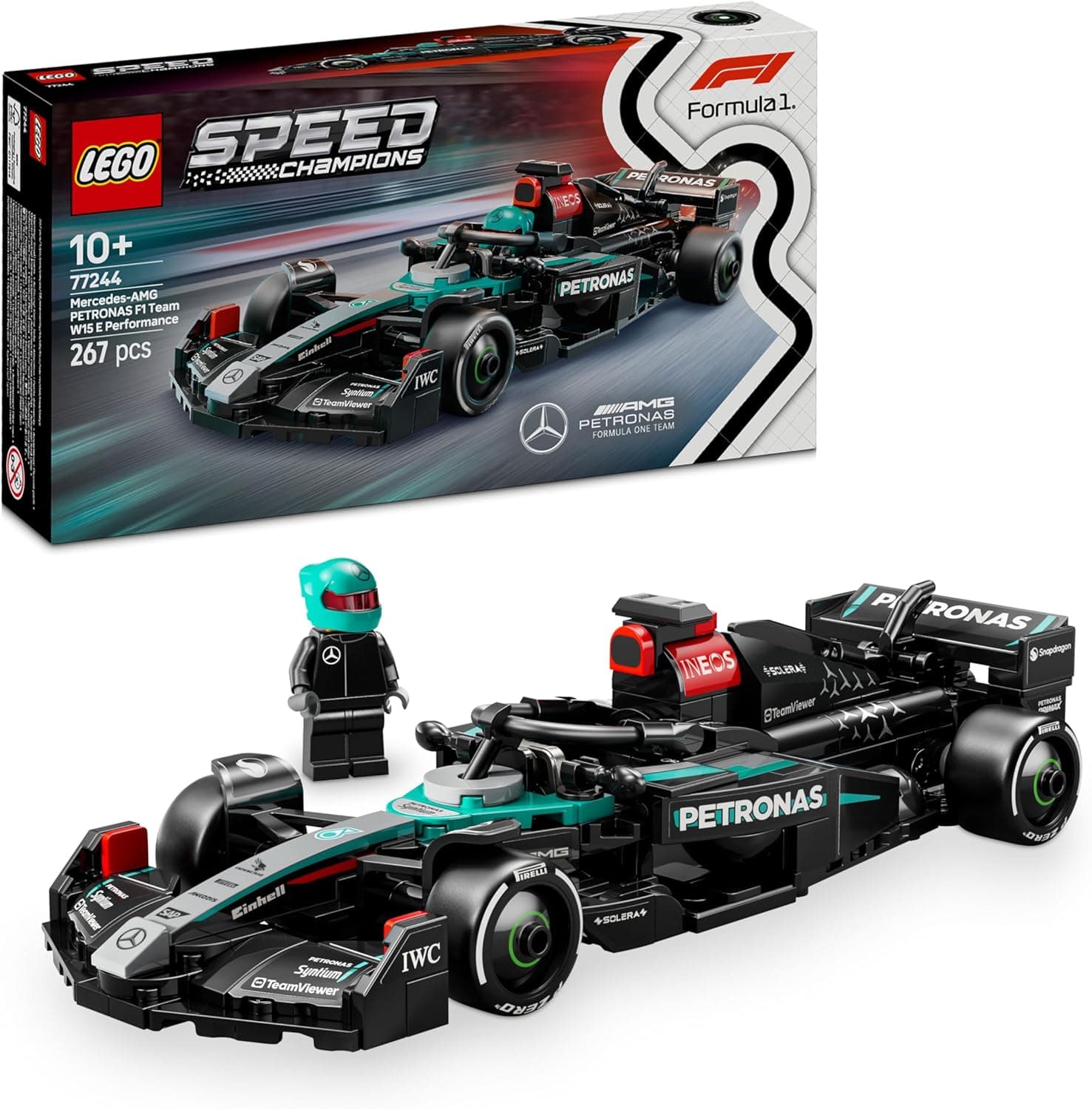 LEGO Speed Champions Mercedes-AMG F1 W15 Rennauto - Spielzeug mit Formel 1 Minifigur - Modell Auto zum Sammeln und Bauen - Geschenk für Jungen & Mädchen ab 10 Jahren oder Erwachsene Fans 77244