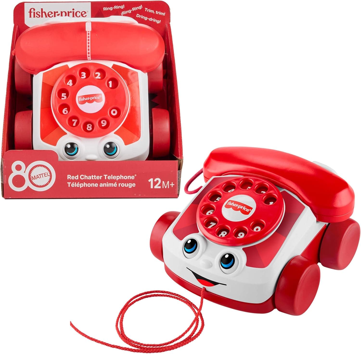 Fisher-Price - Telefono Chiacchierone Rosso, gioco trainabile con l'iconico filo rosso in stile Mattel, edizione speciale 80° Anniversario, giocattolo per bambini, 12+ mesi, JGG97
