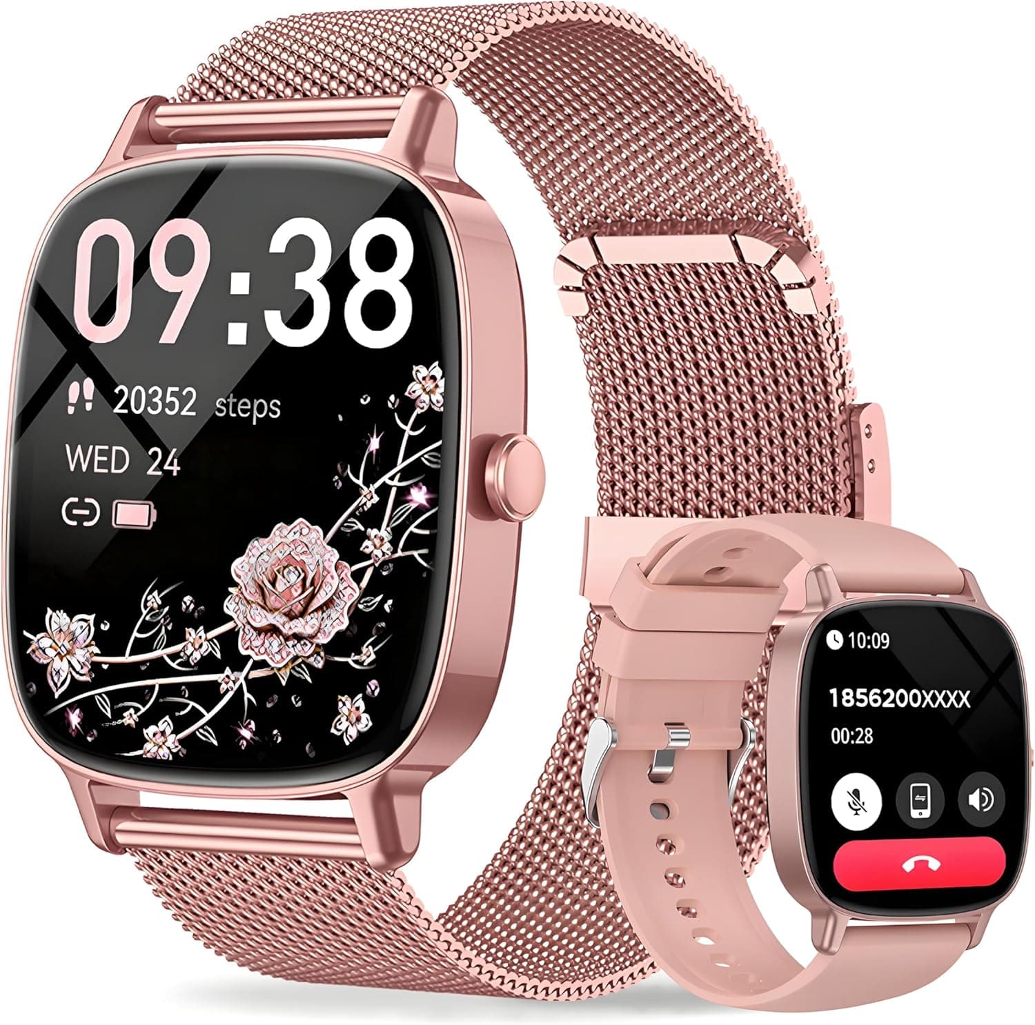 Smart Watches for Women, Answer/Make Call, 1.85'' HD Screen Fitness watch with Heart Rate/Sleep/SpO2 Monitor, Smart watch for iPhone/Android, 120+Sport Mode, IP68 waterproof - Two Straps, Rose Gold