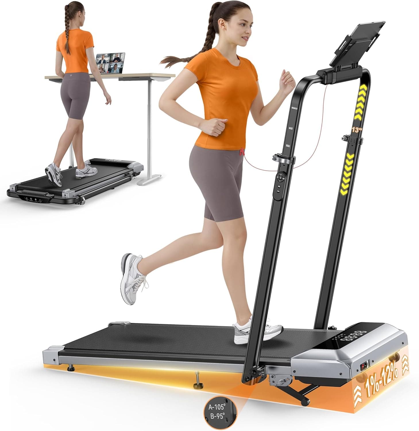 Laufband für Zuhause mit 12% Steigung, 12km/h Klappbar Laufband mit 1150MM Einziehbares Steigrohr, 6 in 1 Walking Pad, 95°/105° Drehbarer Steigrohr, 2.5HP Leiser Motor, Fernbedienung und App