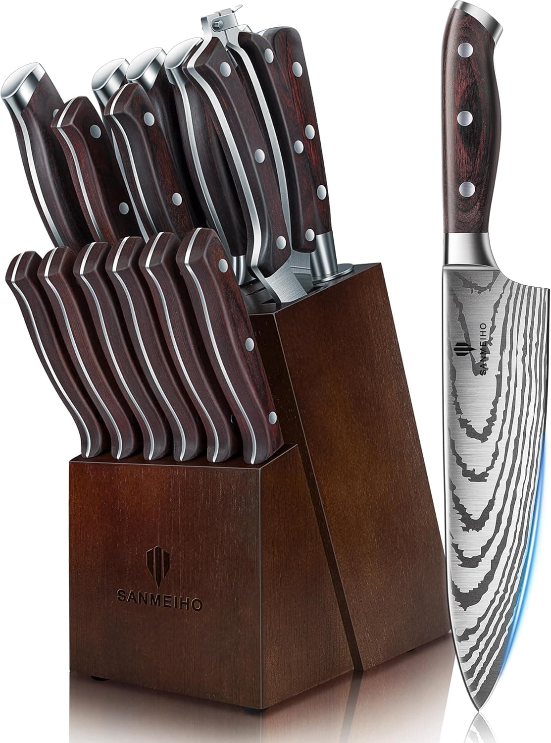 SANMEIHO Messerset 16 teilig, Japanisches Küchenmesser Set mit Block, Ultrascharfes Messerset für die Küche mit Block, Professionelles Kochmesserset mit Messerschärfer