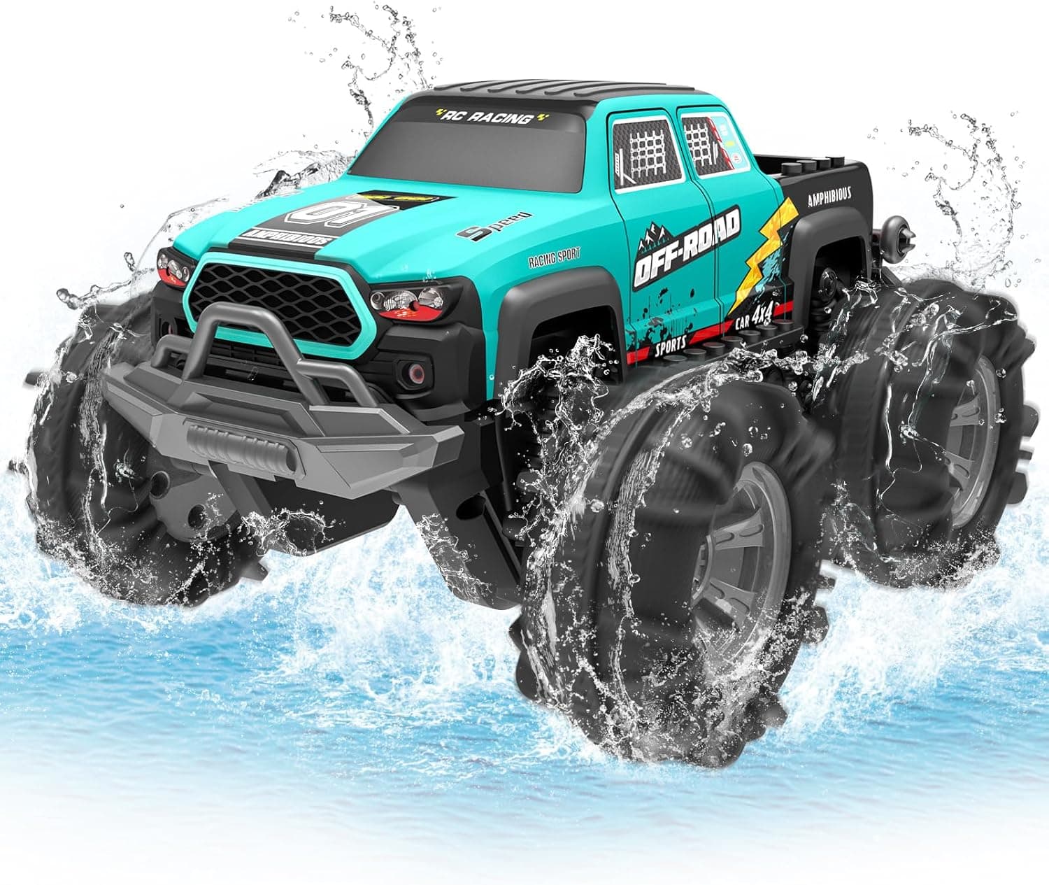 4WD Amphibisches Ferngesteuertes Auto,RC Auto wasserdicht mit Gestensensor,LED Licht & 2 Akkus,Geschenk für Jungen & Mädchen 4-12 Jahre,Spielzeugauto für Sand,Wasser & Gelände,Baustein-kompatibel