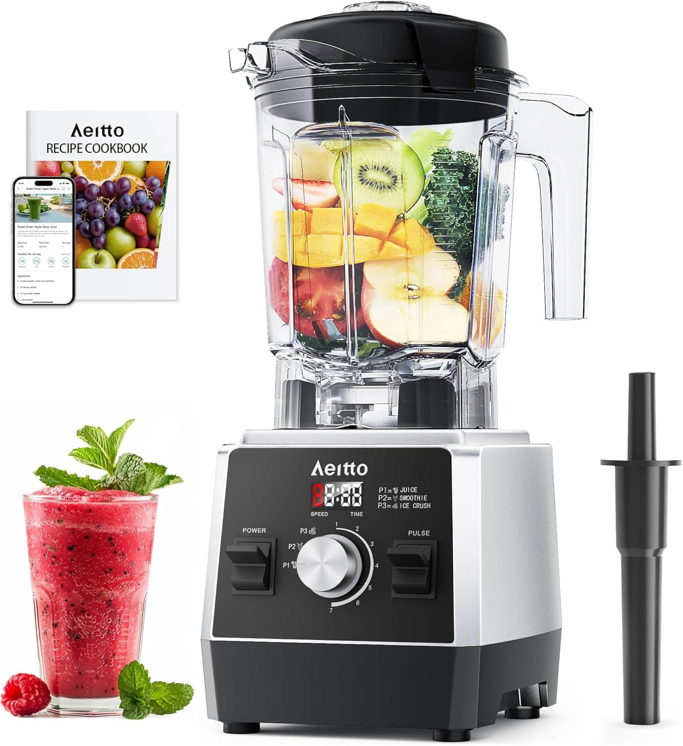 Aeitto Blenders for Kitchen 1800W Professional Countertop Blender, 68Oz Large Capacity Smoothie Blender with 3 Programs & 7 Speeds for Smoothies, Ice Crush, Frozen Drinks, Black