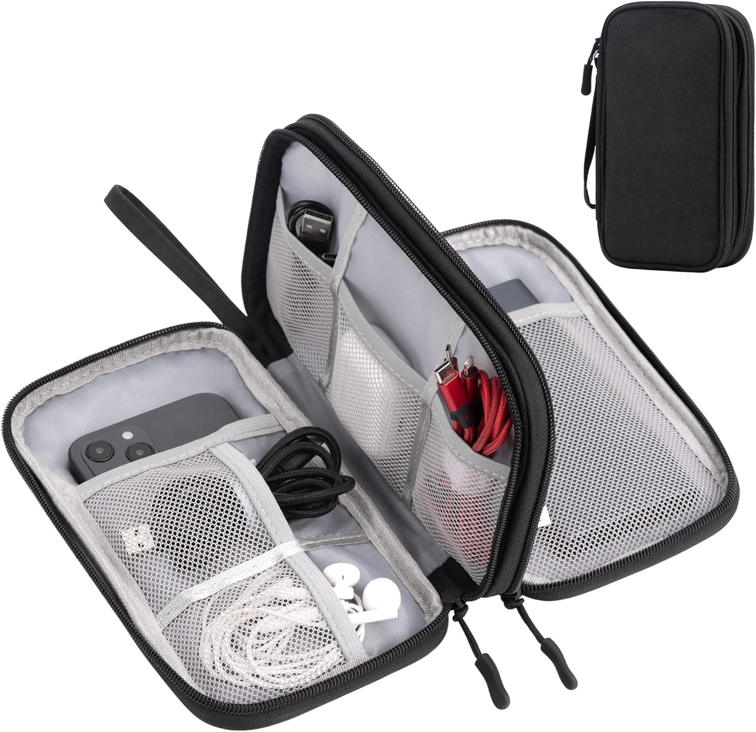 Arae Electronic Accessories Organizer, Travel Essentials Cable Bag with Double-Layer Storage for Cables, Cards, Chargers - Black, M