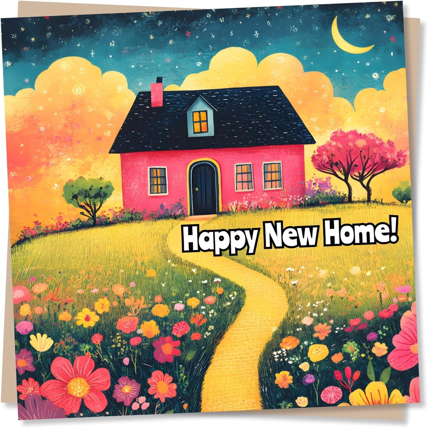 Happy New Home Card - Beautiful House, Home, Idyllic Countryside, Flowers, Moons - Vibrant New House Card for a New Couple, Family, New Home Owner