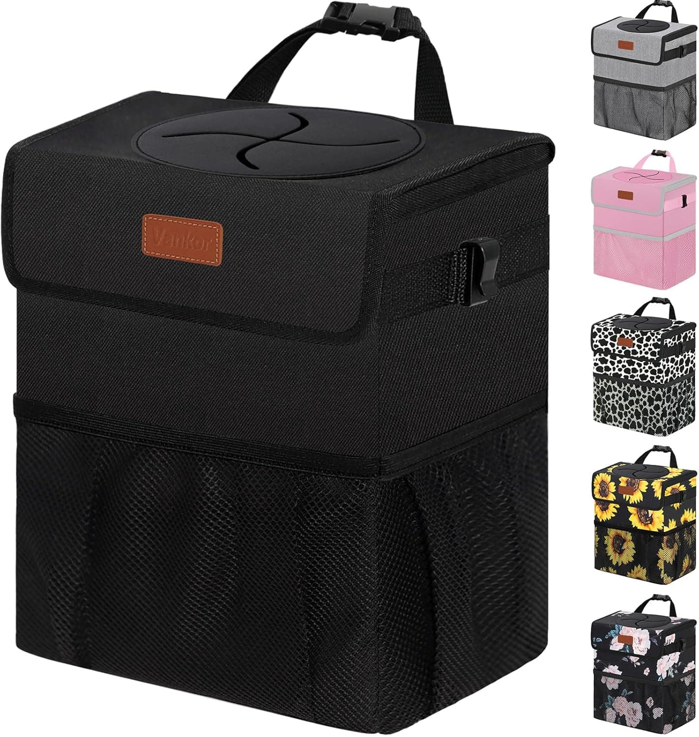 Vankor Car Trash Can Bin with Lid Hanging for Back Seat, Car Accessories for Women Men Leak Proof Automotive Garbage Cans Leakproof Vehicle Trash Can for Truck SUV Black