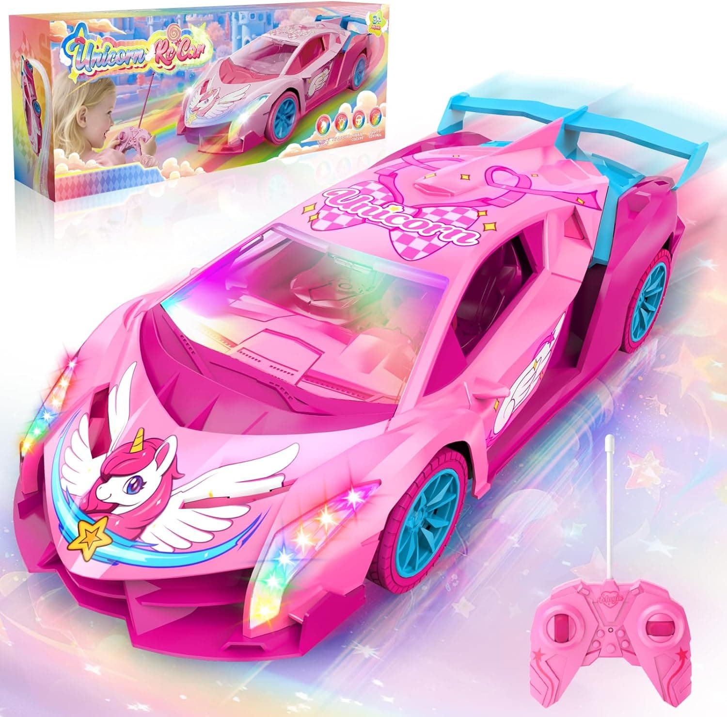 Unicorn Remote Control Cars w Multicolor Flash Light, Unicorn Gifts for Girl Toys for 3 4 5 6 7 8 Year Old Girls, 2.4GHz Drift RC Car Kids Toys Age 3-10, Girls Birthday Presents Easter Gifts for Kids