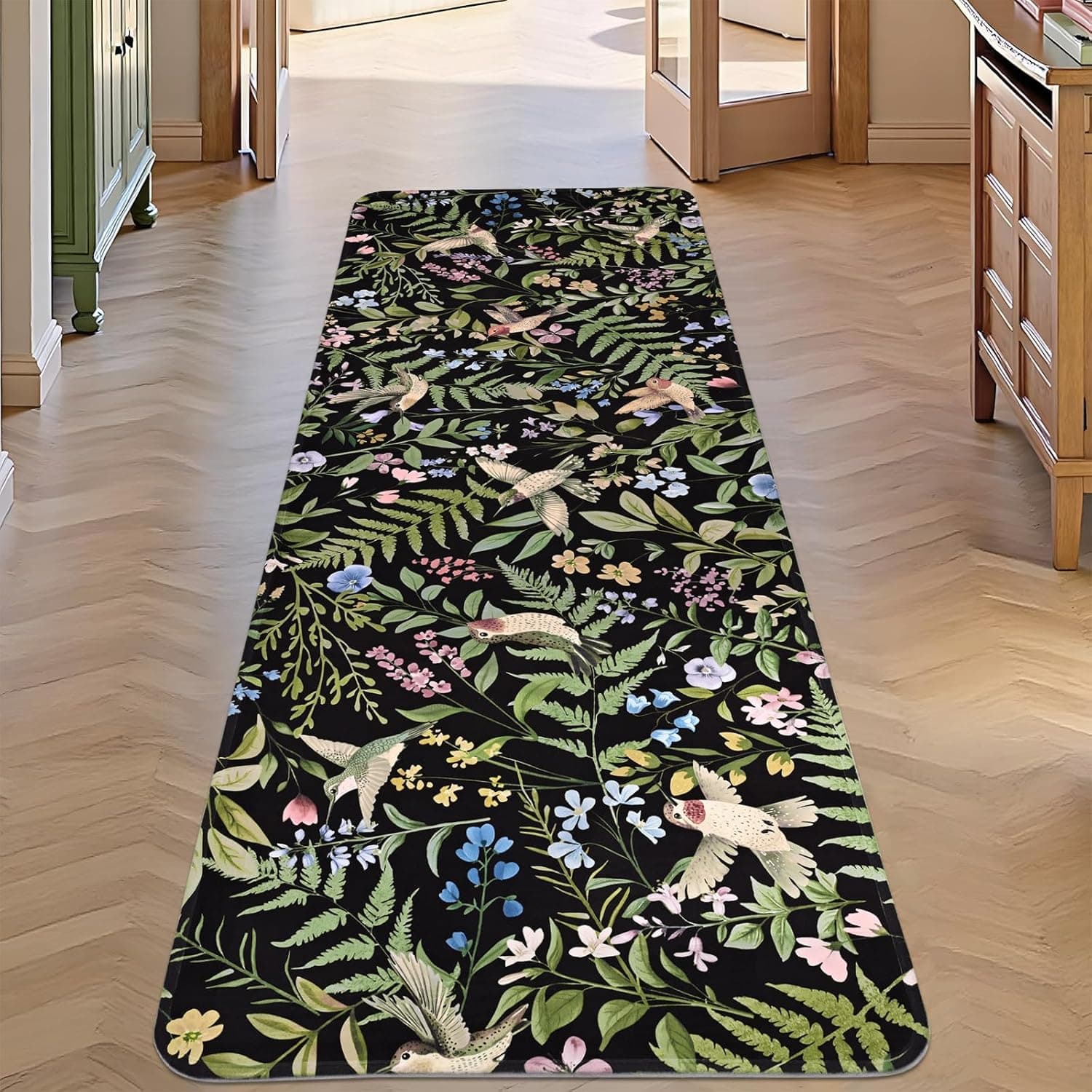 Alishomtll Küchenteppiche 60x180 cm - Vintage Kolibri & Blumen Muster, Küchenläufer Küchenmatte, Waschbar Anti-Rutsch Läufer Teppich für Küche Flur Wohnbereich Schlafzimmer, Schwarz