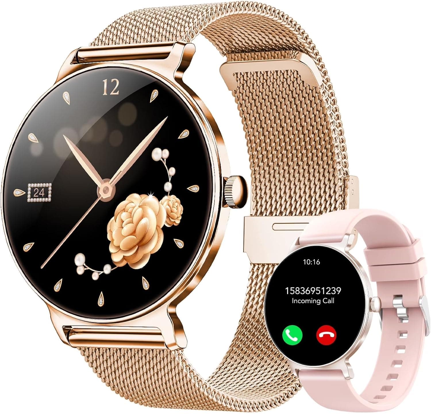 Orologio Smartwatch Donna, Schermo Rotondo AMOLED 1,27", Chiamate Bluetooth, Monitoraggio Battito e Sonno Smart Watch Donna, 120+ Modalità Sportive, Impermeabilità IP68 (Oro Rosa)