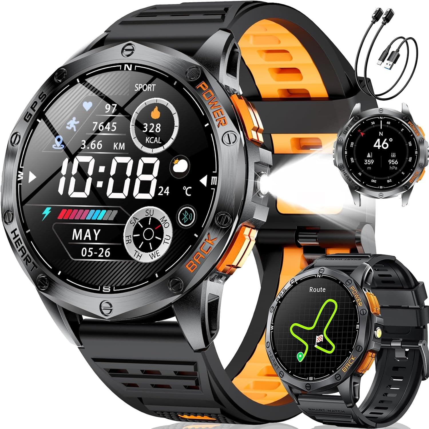 LIGE Smartwatch Uomo GPS, Bussola/Altitudine/Barometro, Torcia, AMOLED 1,43" Smart Watch Militare con Chiamate Bluetooth,Monitoraggio Altezza/Pressione e 170 Modalità Sport per Android iOS, DM1-H