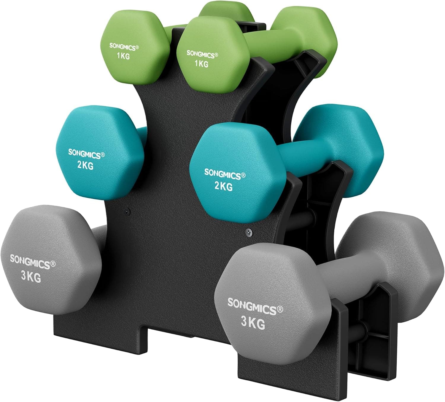 SONGMICS Hantel-Set, 3 Paar, 1kg-3kg,9kg oder 12kg, Aufbewahrung, Fitnessstudio, Krafttraining, rutschfeste Neopren-Beschichtung