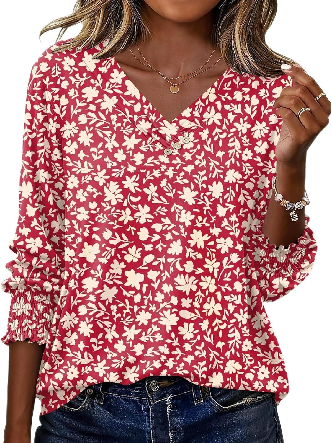 Rapbin Bluse Damen 3/4 Arm Shirt Elegant V-Ausschnitt Tunika Sommer Tops Lässig Oberteil Mit Knopfleiste 2026