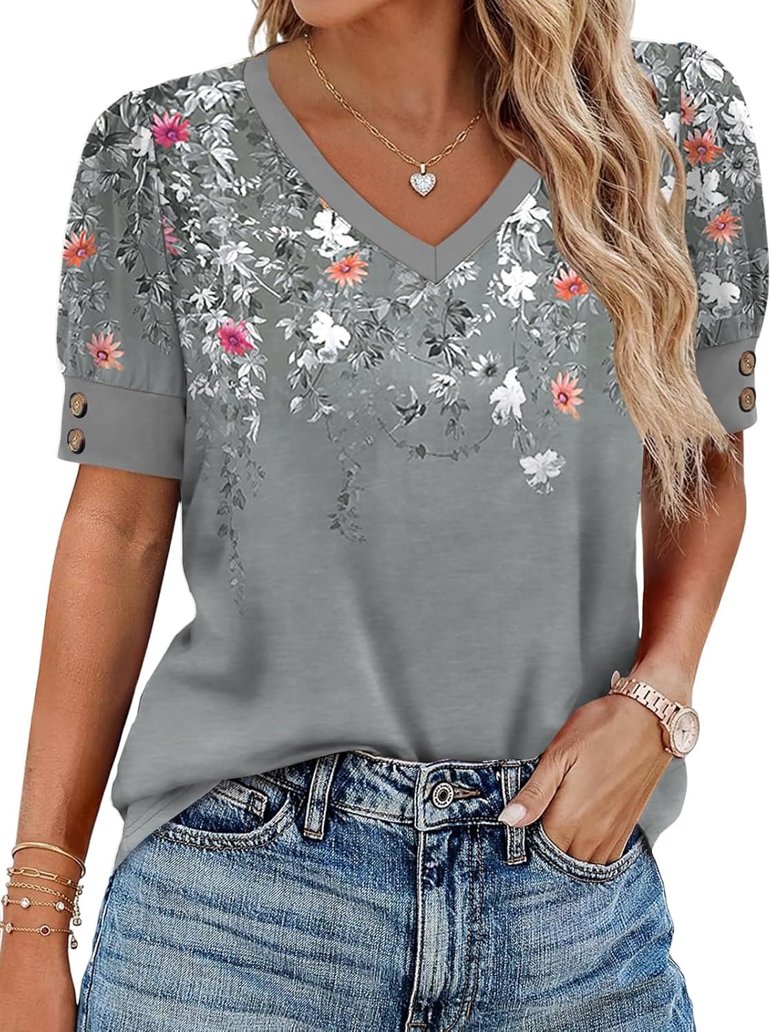 Cuptacc Tshirt Damen V Ausschnitt Bluse Damen Sommer Elegant Puffärmel Oberteil Casual Locker Basic Top