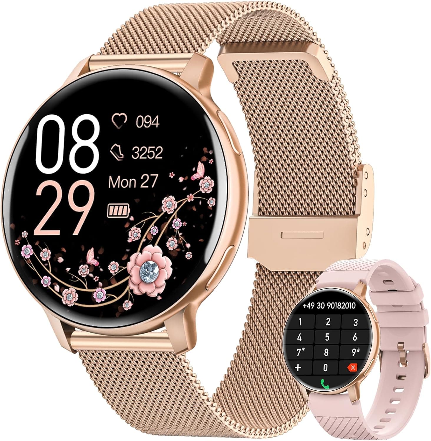 Smartwatch Damen Rund, 1.39" HD Fitnessuhr mit Telefonfunktion, 120+Sportmodi Herzfrequenz Schlafmonitor SpO2 Uhr Damen, IP68 Wasserdicht Schrittzähler Wecker Fitness Tracker für iOS Android Roségold