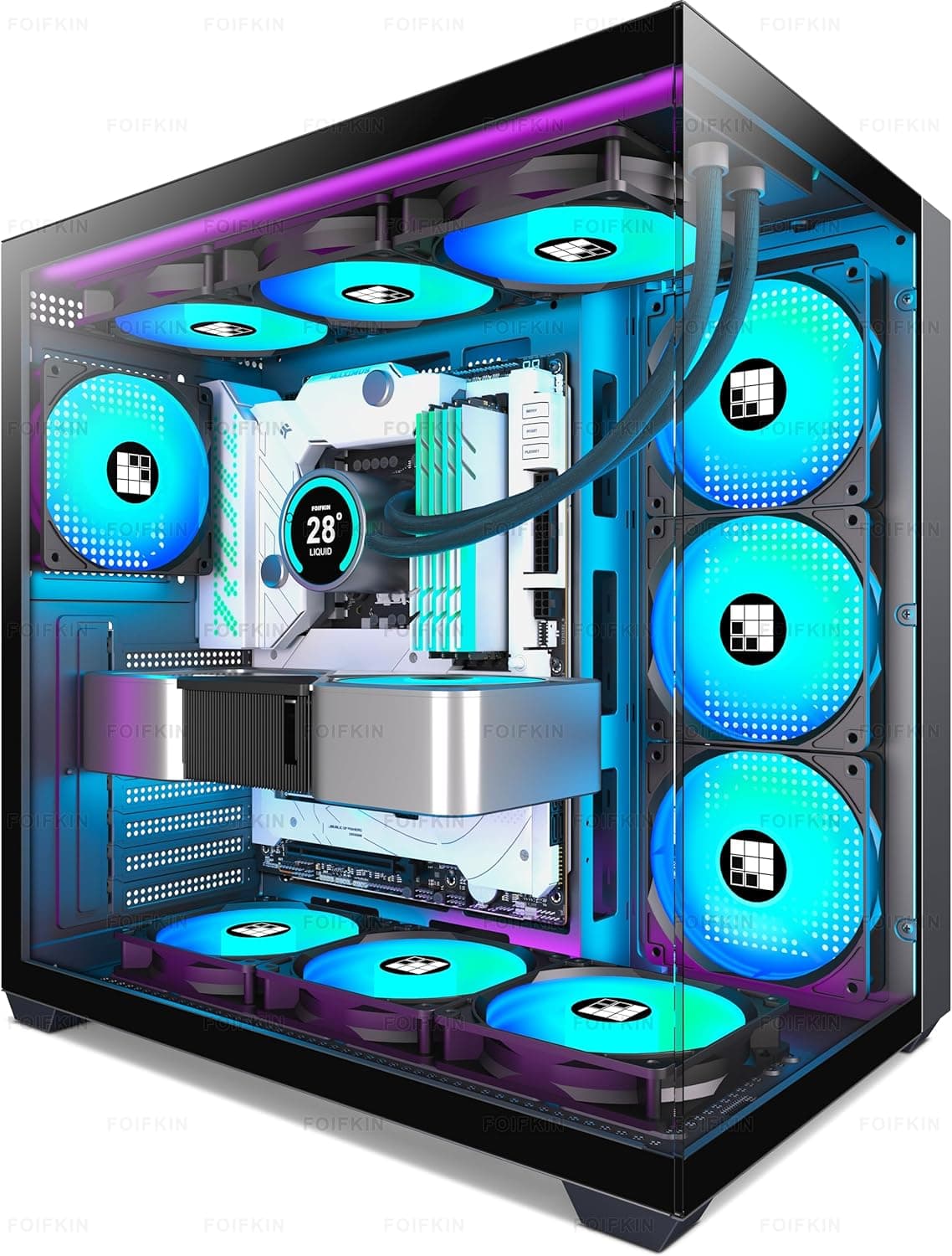 FOIFKIN F600 PC Case ATX with 7 PWM ARGB Fans, High Airflow Mid-Tower Computer Case, Gaming PC Case Big Tower, ATX Case Black, with Type-C, 360mm Radiator Computer Case(Black, F600)