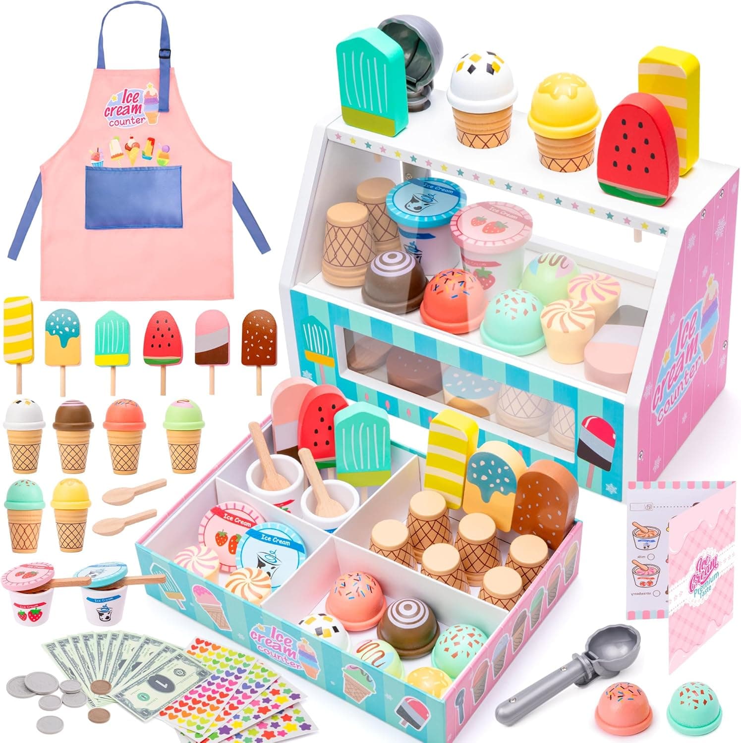 WIKITOT Ice Cream Toys for Kids, 51 Pieces Wooden Ice Cream Cart Role Play Toys for 3 to 7 Year Old Girls Boys Bithday Gifts