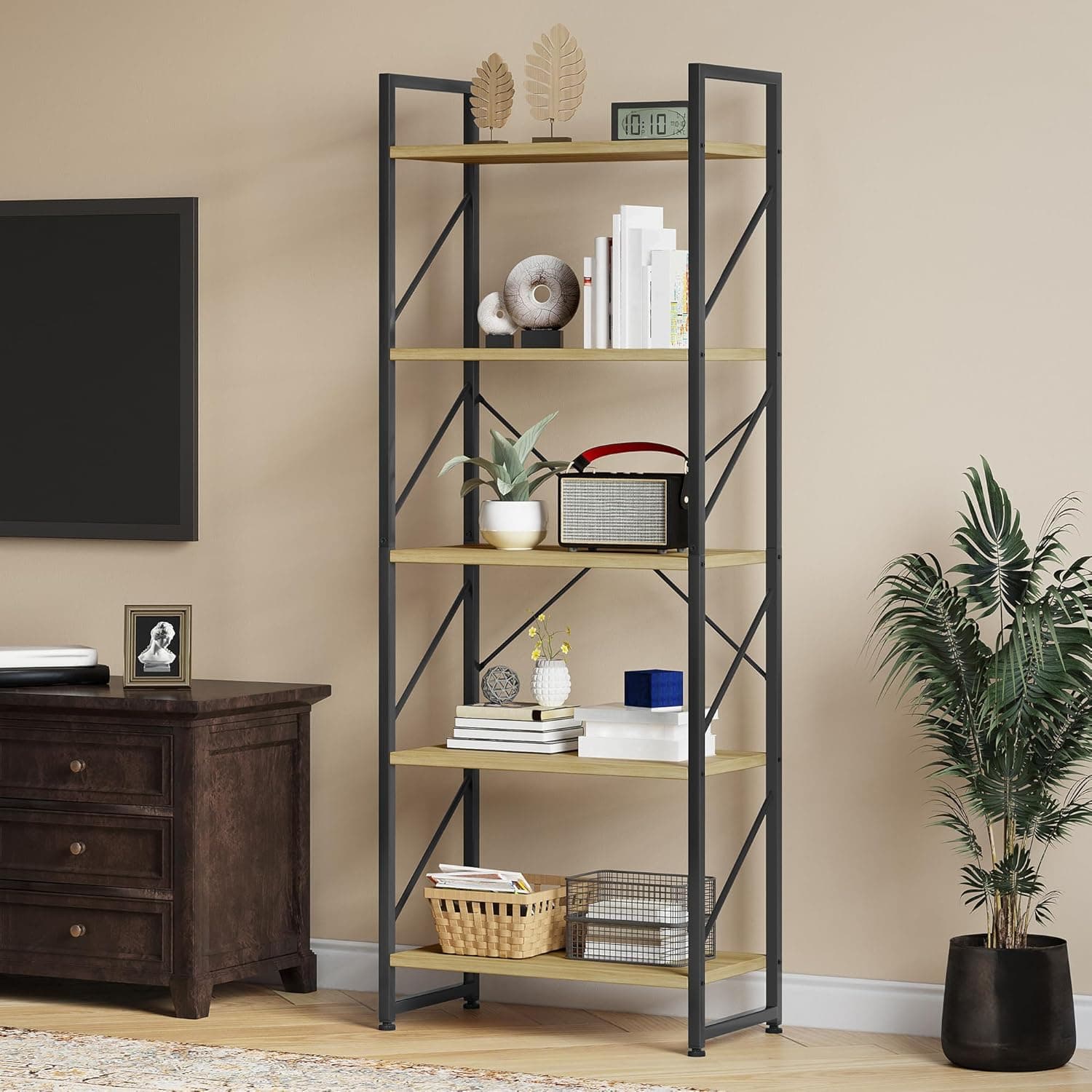 YITAHOME Bücherregal mit 5 Ebenen，Industrielles Standregal Aufbewahrungsregale für Wohnzimmer Bücher Schlafzimmer Büro Küche Zeitschriften,60 x 30 x 158 cm