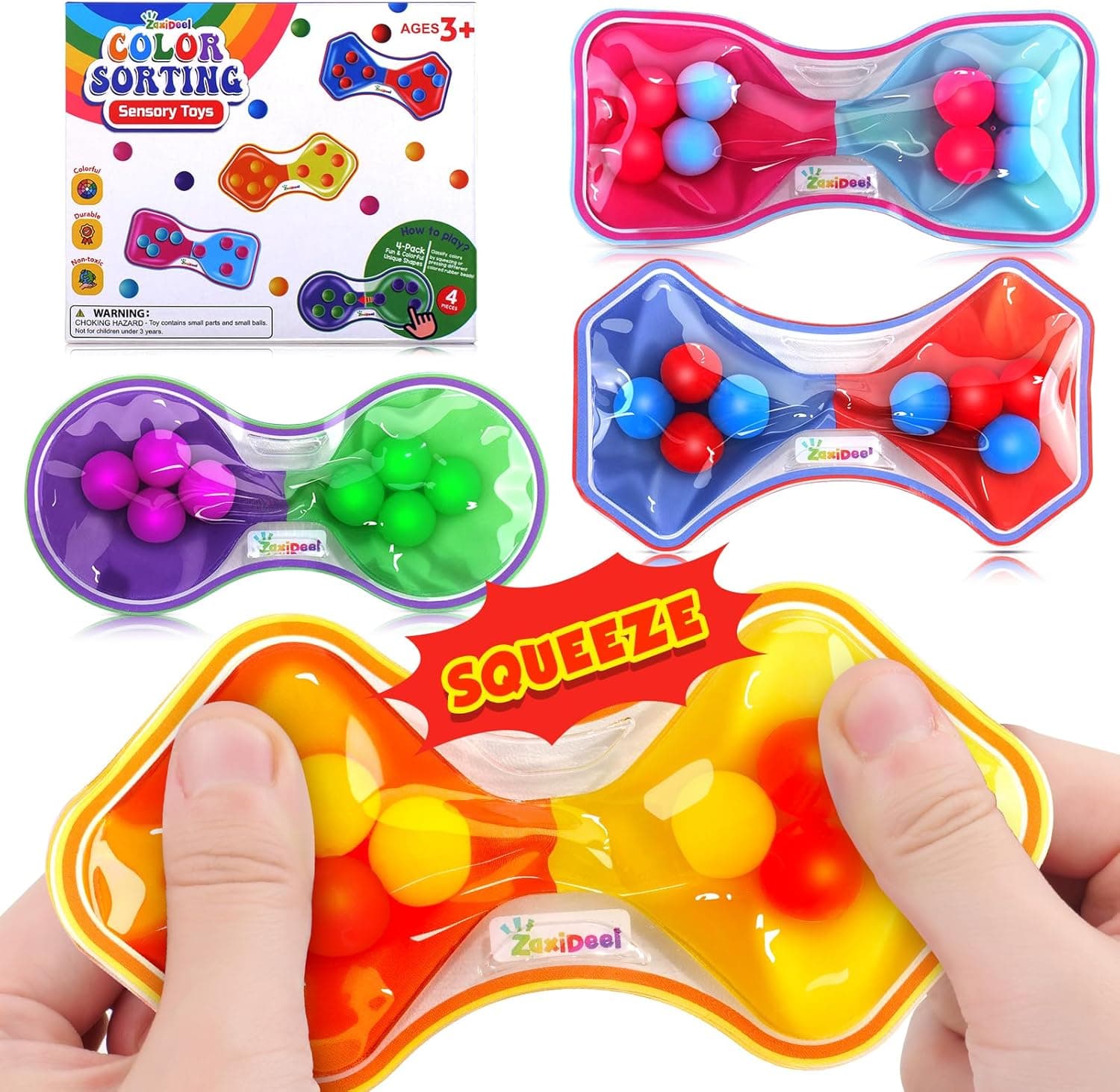 Sensory Fidget Toys for Kids Toddler: 4 Pack Color Sorting Sensory Toys for Autism - Squeeze Calming Toys for Toddler Girls Boys - Quiet Fidget Toys for Student Classroom - Goodie Bags Stuffers