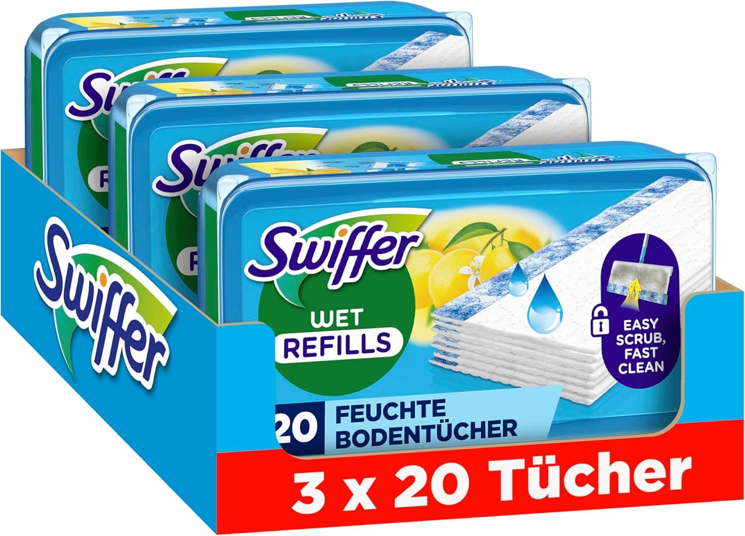 Swiffer Bodenwischer Nachfüllpackung, Feuchte Bodentücher mit Citrusfrische-Duft, 60 Stück, Für Eine Schnelle & Einfache Reinigung von Hartböden