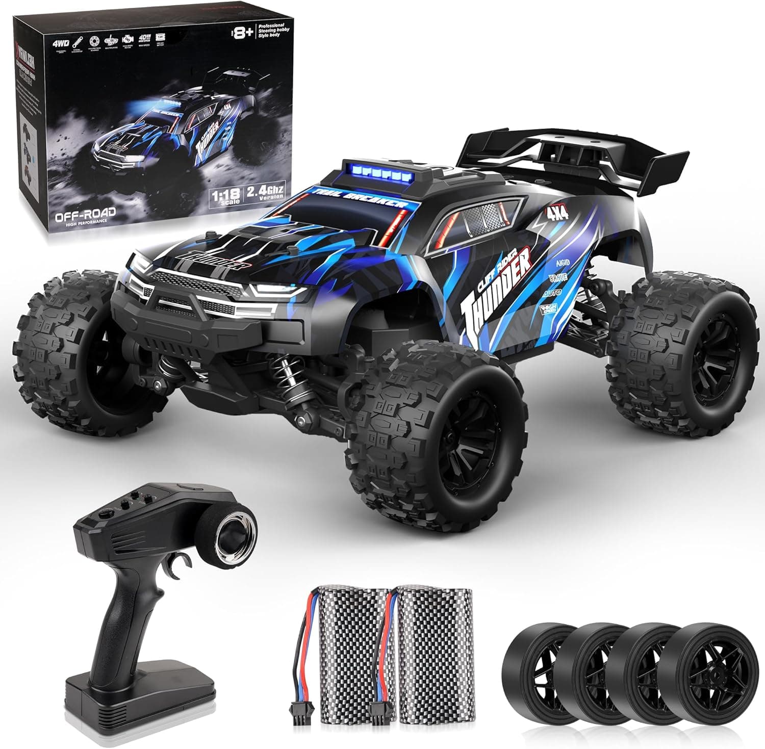 BAZADER Ferngesteuertes Auto Remote Control Car 1:18 RC Auto 40 Km/H 2,4 Ghz 4wd All Terrains RC Truck für Kinder-2 Batterien 2.4GHz All Terrain Auto Spielzeug Ferngesteuertes Auto ab 4 6 8 10 Jahre