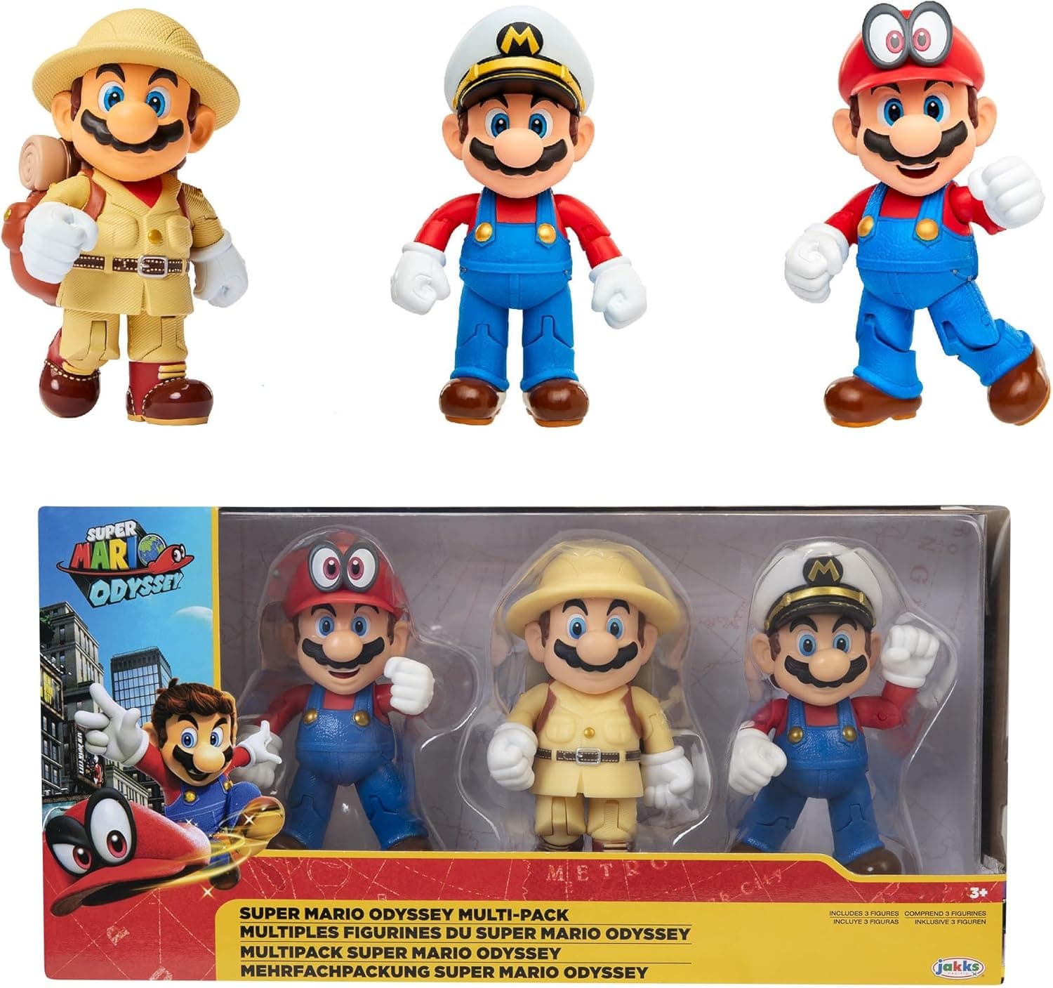 Nintendo Super Mario - Multipack Odyssey de 3 Figuras Mario de 10 cm – Las Figuras Tienen hasta 11 Puntos de Articulación y Poses Únicas - Juguete para Niños 3 Años +