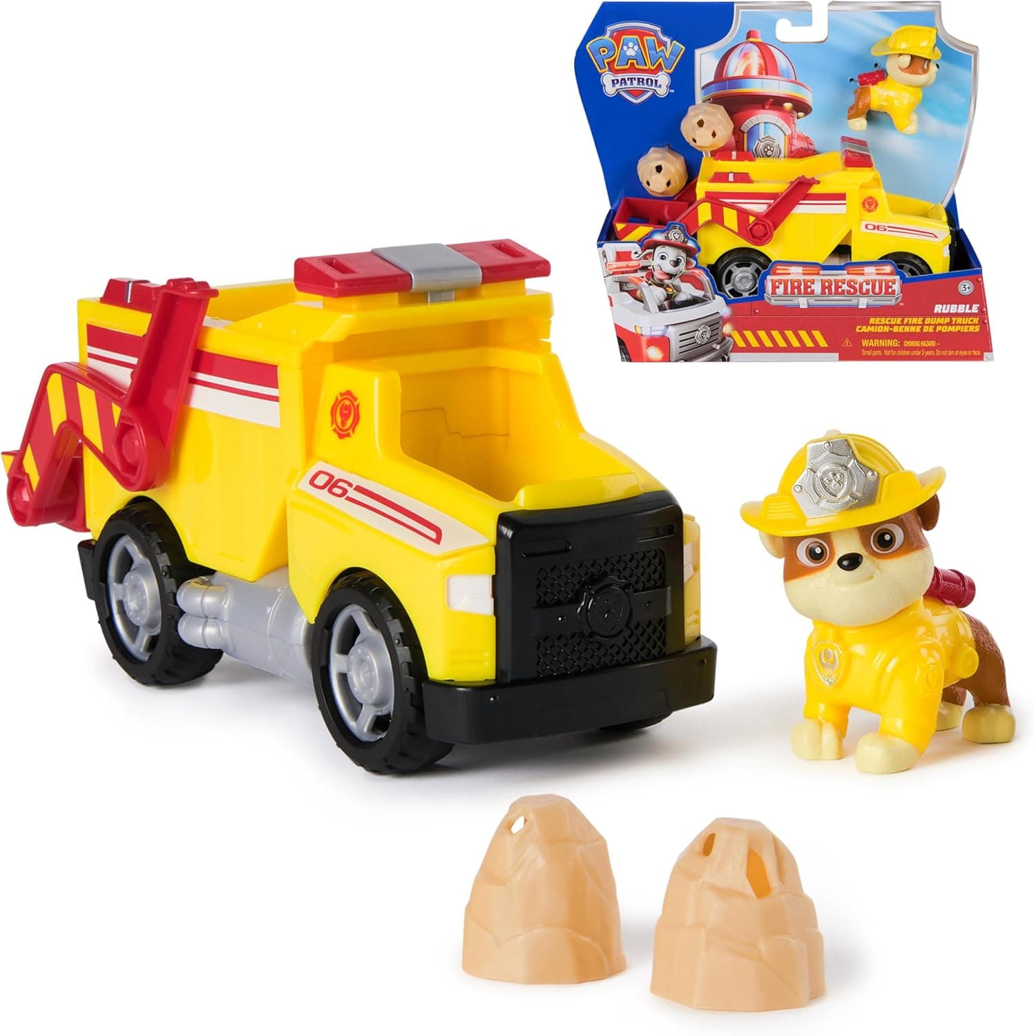 PAW PATROL – Fire Rescue Rubbles Feuerwehr-Truck mit Schaufel und Rubble Hundefigur, Spielzeug für Kinder ab 3 Jahren