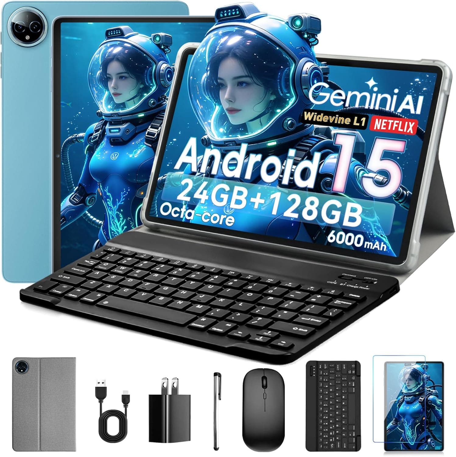10 Pouces Android 15, 24 Go RAM + 128 Go ROM (1 TB Extensible), Octa-Core, 1280x800 HD IPS Touchscreen, Dual 5MP+8MP Cameras, 6000 mAh, avec Clavier, Souris, Widevine L1 (Bleu), Gemini AI