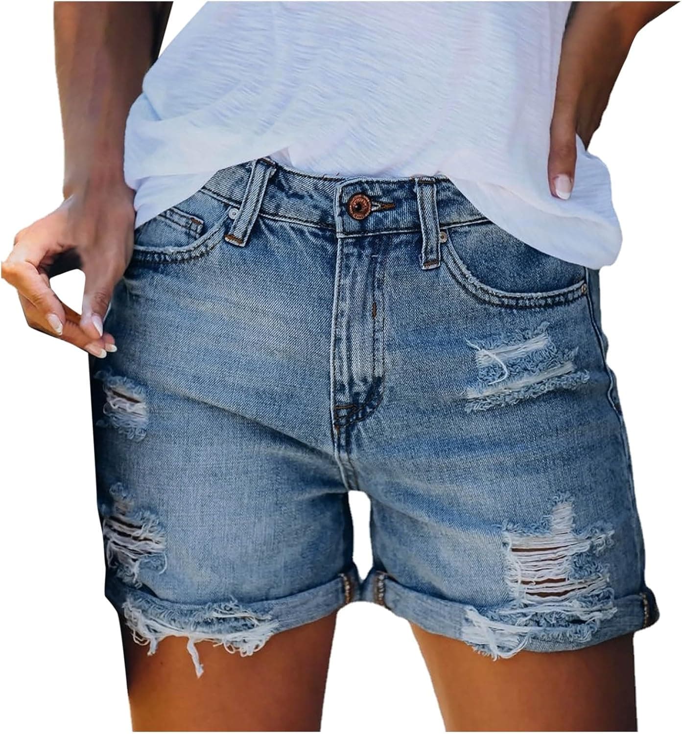 Jeans Shorts Damen Sommer Denim Tears High Waist Kurz Weites Bein Hose Kurze Hosen Elastisch Eng Y2k Casual Ripped mit Taschen Hotpants Jeansshorts Mode Cowgirl Jeanshose