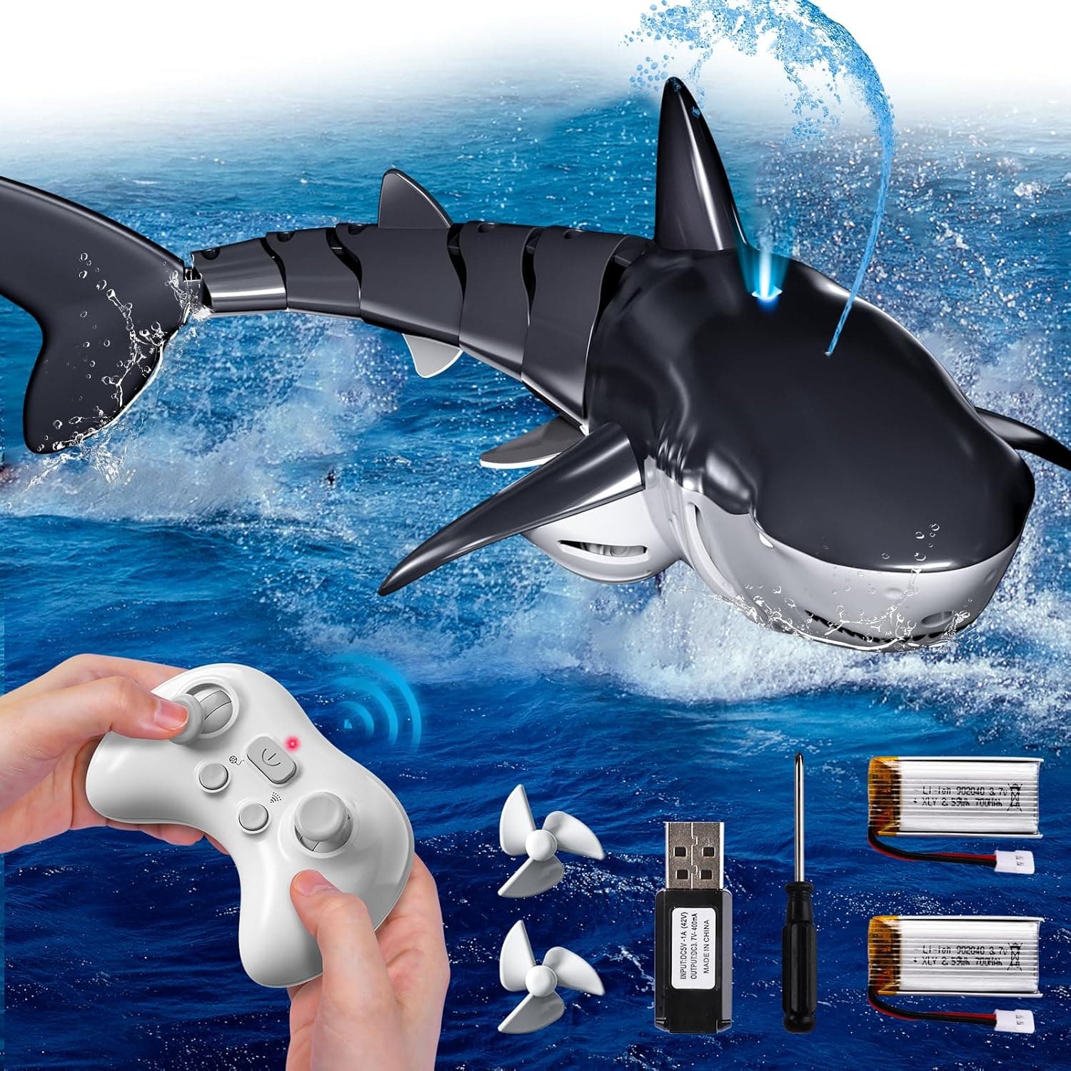 Remote Control Shark Toys for Boys Kids, 1:18 Scale High Simulation Shark for Pool, 2.4Ghz Electric RC Shark Boat Fish Toys with Light & Spray, Toy Shark Gifts for 6 7 8 9 Year olds Kid Boys Girls