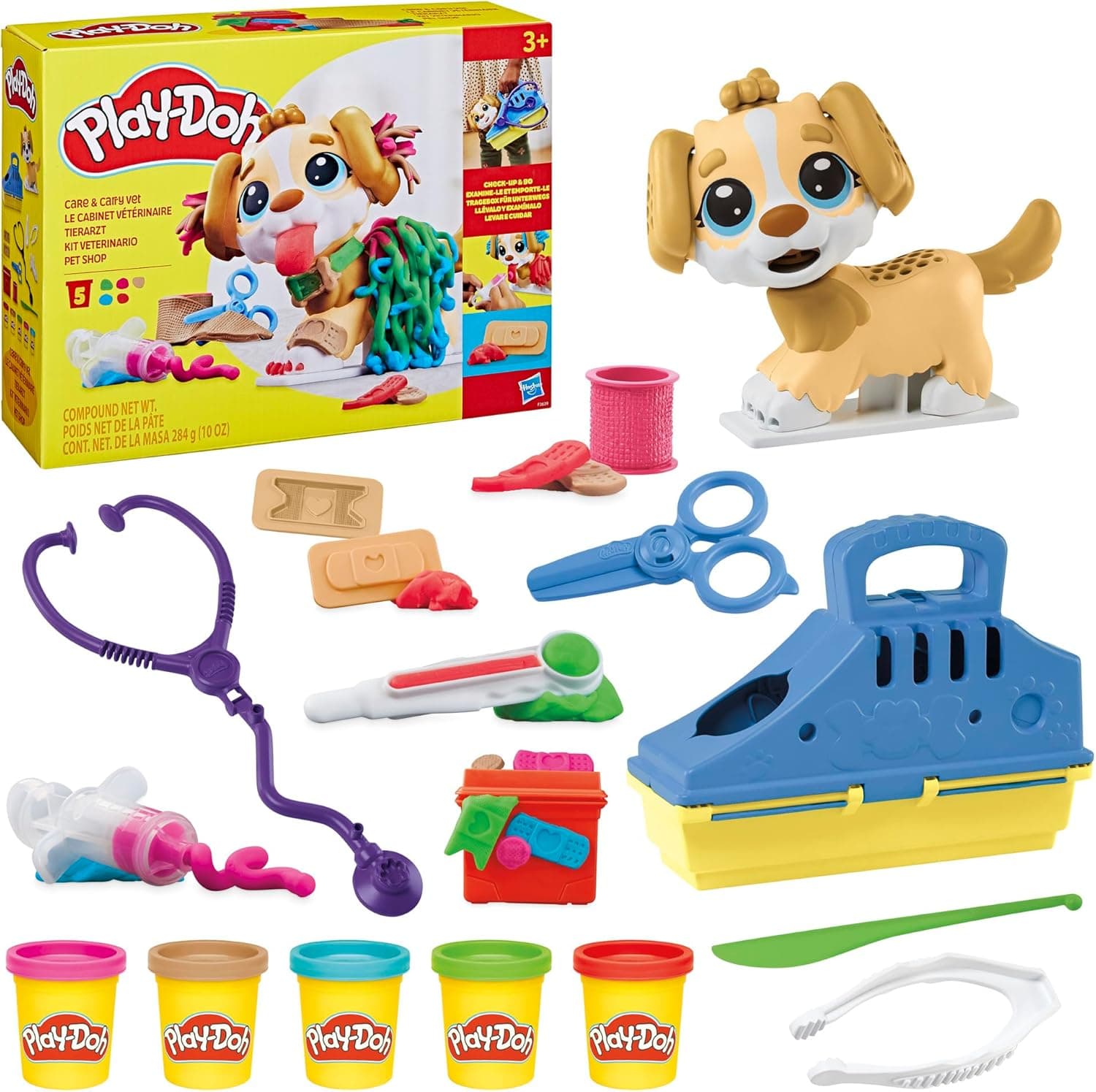 Play-Doh Hasbro Set Veterinario, Set di Plastilina Creativa con Cane Giocattolo, Trasportino, 10 Strumenti, 5 Vasetti di Pasta Modellabile, Giocattolo per Bambini e Bambine da 3 Anni