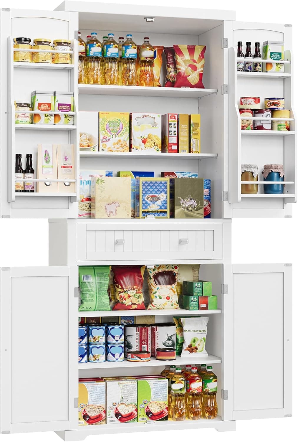 VASAGLE Buffet Haut Cuisine, Meuble de Rangement, Armoire, Vaisselier, Hauteur 182,1 cm, avec Tiroir, Placards, Étagères Réglables, pour Salon, Cuisine, Blanc BBC561W21