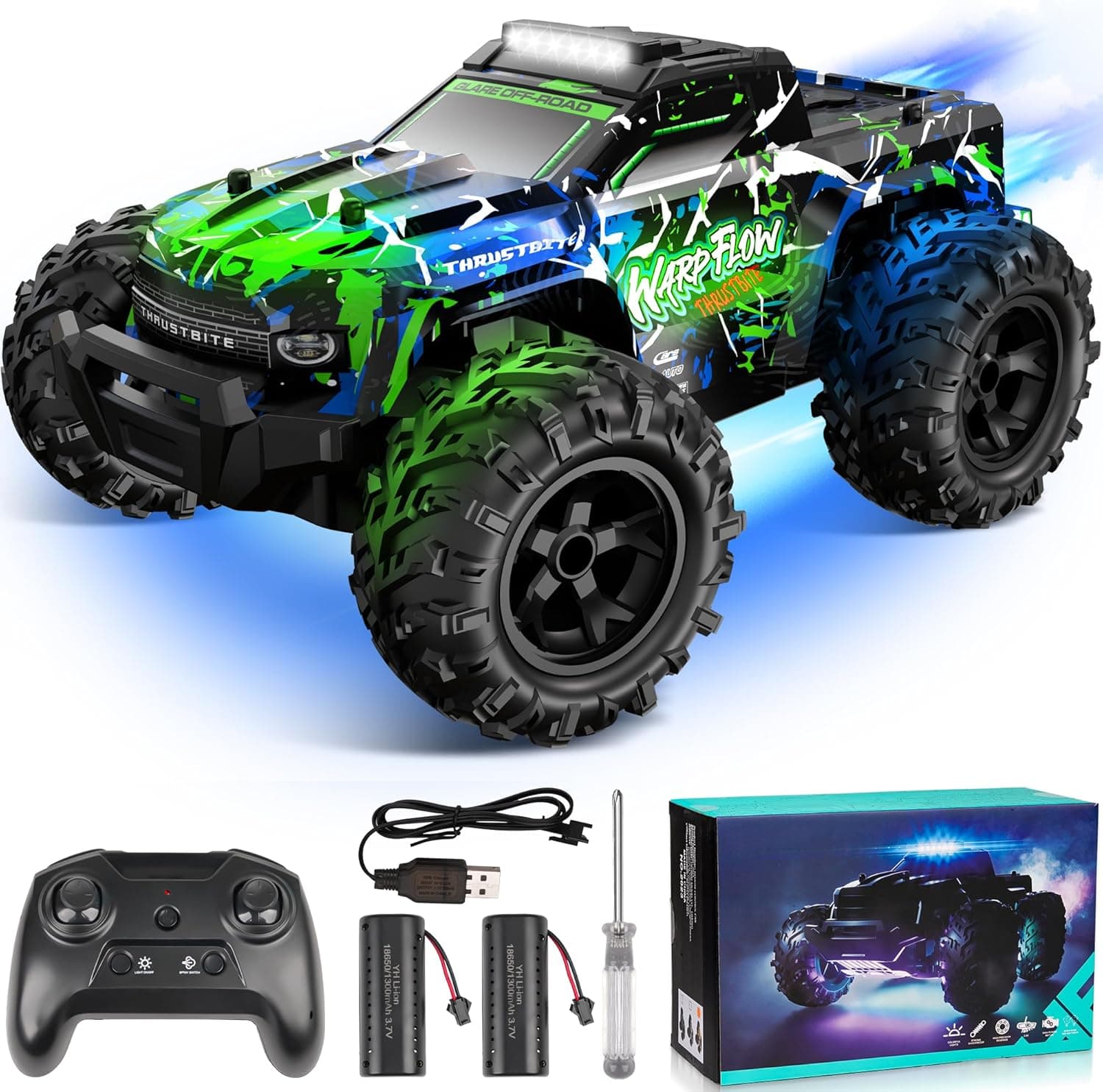 BAZADER Ferngesteuertes Auto Remote Control Car 1:18 Rc Auto All Terrain mit LED Licht und Spray - Offroad RC Truck mit Geschwindigkeit 25 km/h 2,4 GHz Ferngesteuertes Auto ab 4 6 8 10 Jahre