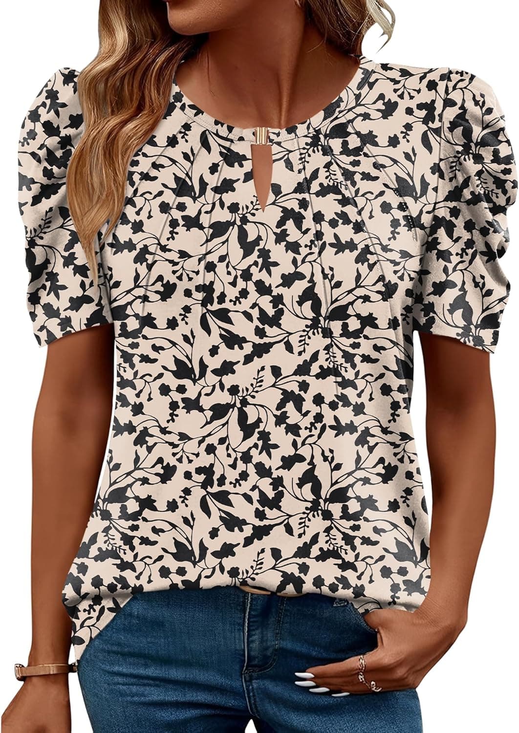iWoo Women's T-Shirts Crew Neck Top Short Sleeve Blouse Pleated Gigot Sleeve Tops Dressy Fashion Tunic Blouses Shirts