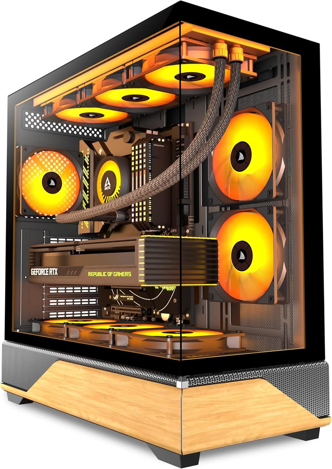 PC CASE ATX 5 PWM ARGB Fans Pre-Installed, Type-C Mid Tower Computer Case with Full-View Dual Tempered Glass, Printed Walnut Wood Panels,Support 360mm Radiator,Gaming PC Case,Black,New P6