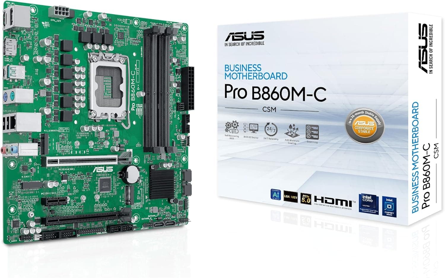 ASUS PRO B860M-C-CSM, Scheda Madre Business Intel mATX, Socket LGA 1851, Slot DDR5, PCIe 5.0, 2 Slot M.2, Ethernet Intel 1 GB, Doppia DisplayPort, HDMI, SATA 6, USB-C da 10 Gbps, Nera