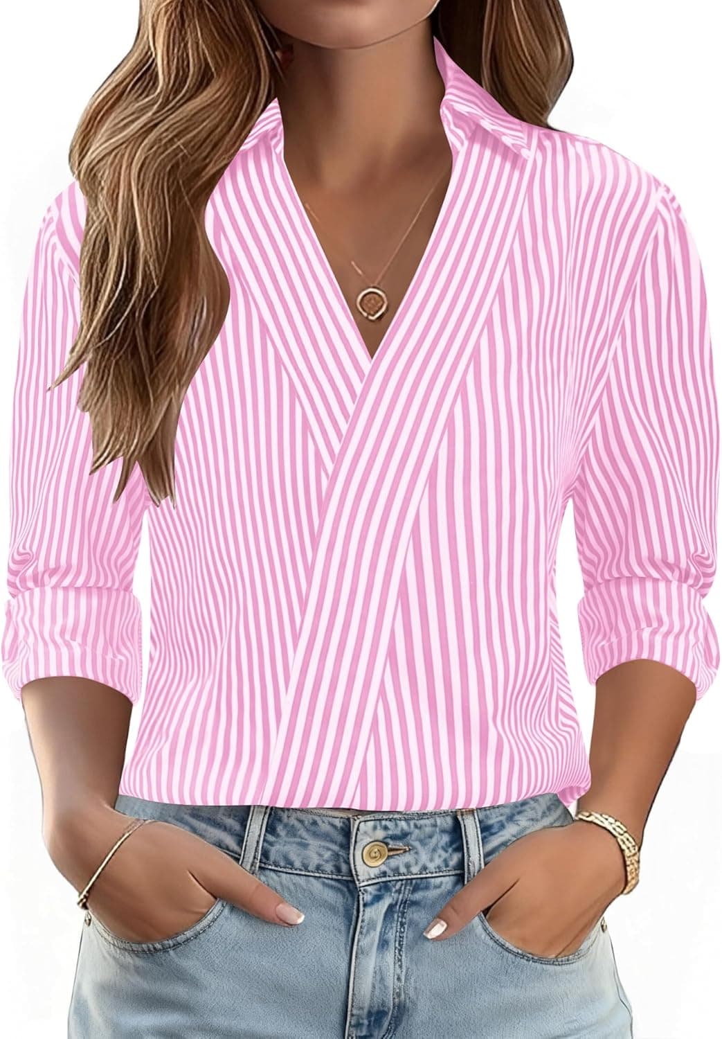 LOMON 3/4 Length Sleeve Womens Tops Dressy V Neck Collared Shirts Trendy Business Casual Work Blouses Vacation Outfits 2026